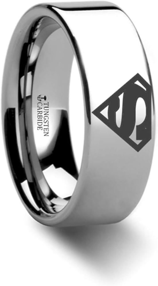 Superman Symbol | Tungsten Rings for Men | Tungsten | Comfort Fit | Custom Engraving | Polished Tungsten Engraved Super Hero Wedding Ring Band - 8mm