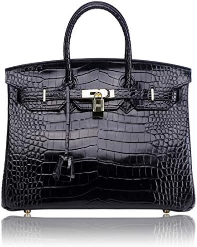 Kueh Womens Embossed Crocodile Padlock Designer Top Handle Handbags With Gold Hardware