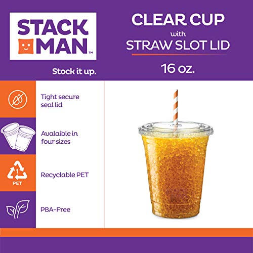 [100 Sets 16 oz.] Clear Plastic Cups with Straw Slot Lid, PET Crystal