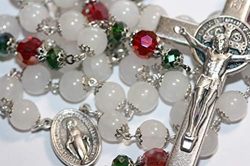 10mm White Jade and Crystal Christmas Decorative Rosary with St. Benadict Crucifix Made in Oklahoma