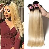 UNice 10A Grade Brazilian Straight Human Hair 1 Bundle T1B 613 Color Ombre Blonde Hair 100% Remy Human Hair Weaves Dark Roots Ombre Blonde Hair Wefts (12inch)
