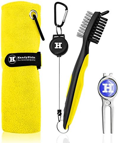 Handy Picks Microfiber Golf Towel (16″ X 16″) with Carabiner, Club Brush, Golf Divot Repair Tool with Ball Marker – Golf Accessories, Ideal for Golfers 3 in 1 Golf Cleaning Kit Handy Picks Microfiber Golf Towel (16″ X 16″) with Carabiner, Club Brush, Golf Divot Repair Tool with Ball Marker – Golf Accessories, Ideal for Golfers 3 in 1 Golf Cleaning Kit
