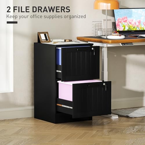 HOMCOM 2 Drawer File Cabinet with Lock, Vertical Filing Cabinet with Adjustable Hanging Bars for A4 and Letter Size File Folders, Printer Stand with Storage for Home Office, Black