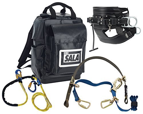 3M DBI-SALA 1050017 Lineman Pole Climbing Kit with 1001398 4D Seat Belt, 1204075 Pole Climbing Device, 1234071 Lanyard and Backpack, Black
