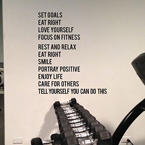 FlyWallD Gym Wall Decals Fitness Running Saying Inspirational Sports Quotes Office Lettering Vinyl Saying Sticker Decor - Set Goals Eat Right Love Yourself Focus On Fitness