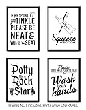 Designs by Maria Inc. Set of 4 Funny Bathroom Quotes & Rules (Unframed) Best Modern Toilet Decor Words & Letters | Premium Card Stock Sayings Posters | (8x10) Black & White Prints