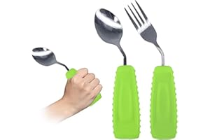 Ehucon Adaptive Utensils,Weighted Angled Silverware,Parkinsons Aids,Curved Non-Slip Easy Grip Spoon and Fork Set for Tremors,Disabled,Handicap,Elderly,Arthritis (Right Hand,Pack of 2,Green)
