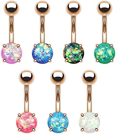 FiveoTattoo Opal Glitter Rose Gold IP Over Surgical Steel Prong Set Belly Ring (Sold Individually)