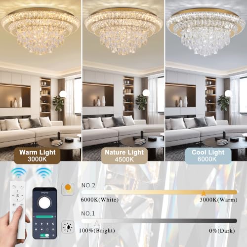 24 inch Crystal Chandeliers With Remote and APP Control, Modern Luxury Flush Mount Gold Ceiling Light, 3CCT Dimmable Brightness Adjustable,SUS 304, For Living/Dining Room Kitchen Bedroom Hallway Foyer