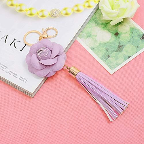 1Pcs Faux Leather Flowers Keychain Tassel Fringe Pendant Woman DIY Bag Craft Accessories Tassels Trim Girl Small Gift Ornament,Light purple