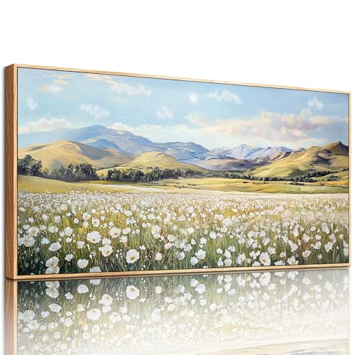 MHARTK66 Weiße Blumen Bilder Mit Rahmen Holz, Landschaft Leinwand Bild Aesthetic, 50x100 cm Groß Wandbilder Wohnzimmer, Modern Wanddeko Kunstdruck Schlafzimmer Esszimmer Flur Büro Küche