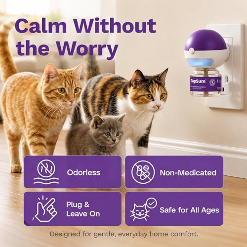 TopSum Cat Calming Pheromone Diffuser: Feline Pheromones Plug in for Stress, Alone At Home, Spraying, Fighting, Scratching, Aggression & Excessive Meowing (3 Diffusers + 3 Refills)