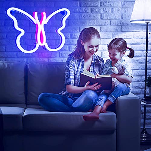ENOOSTMST Butterfly Neon Sign, USB or 3AA Battery Powered Butterfly Night Wall Light LED Neon Wall Signage, Suitable for Girls Children Living Room Bar Dormitory Party Christmas(A-Blue/Pink)