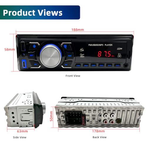 Car Radio Bluetooth 1 DIN – Car Radio with Remote Control/FM Radio/USB | Supports Hands-Free Calls/AUX-in/EQ/ Type-C Charging - 12V Car Stereo