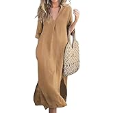 utcoco Womens Cotton Linen Maxi Dresses Casual Loose Fit V Neck 3/4 Sleeve Side Slit A Line Linen Long Dress