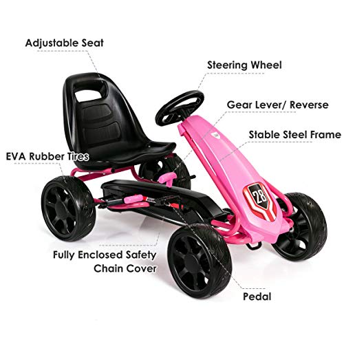 Costzon Pedal Go Kart, Pedal Powered Kids Ride on Car Toy, Children's 4 Wheels Riding Car Crazy Cart w/ Adjustable Seat, Foot Pedal, for Boys & Girls Age 3 to 8 Years Old, Indoor & Outdoor (Pink) - Thumbnail 4