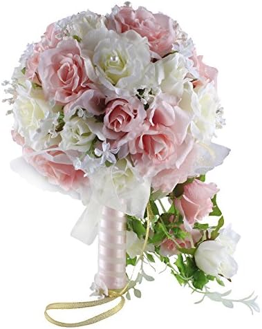 Zebratown Waterfall Bride Bouquet Elegant Pink White Artificial Rose Flower Wedding Bridal Bridesmaids Bouquets (Pink)