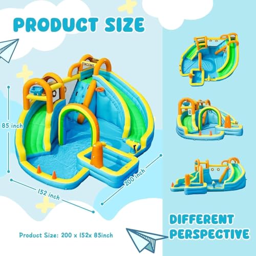 FINCOME Inflatable Water Slide, Bounce House with 2 Slide for Kids, Inflatable Waterslide Park with Splash Pool, Basketball Hoop, Ball Shooting & Water Cannon for Backyard, Outdoor, Indoor