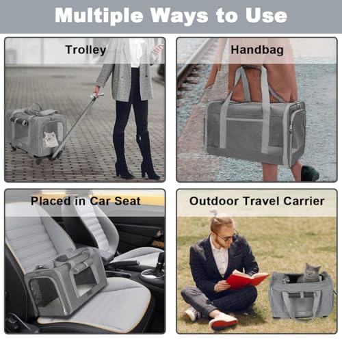 Pet Carrier Bag Cat Wheeled Bag Puppy Rolling Carrier with Detachable Wheel | Large Space Trolley Collapsible Breathable Vet Appointments for Car Seat Travel Small Dog Kitten, Plenty of Room