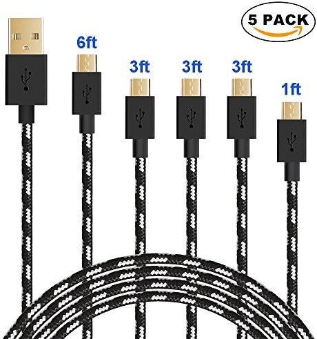 Micro Usb Cable Android Charger 5 pack [1FT/1PCS 3FT/3PCS 6FT/1PCS] Premium Nylon Braided High Speed Durable Charging Cable for Android, Samsung, Nexus, LG, HTC, Nokia, Sony,MP3 and More(Black）