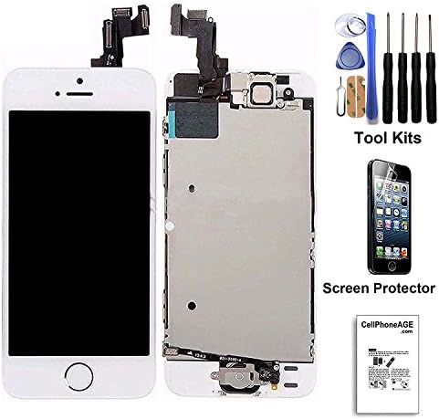 CELLPHONEAGE For iPhone 5S New LCD Touch Screen Replacement with Home Button and Camera Full Set Digitizer Diplay Assembly Replacement White + Free Tool Kits + Free Screen Protector (White)