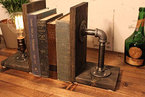 Industrial bookend Steampunk table pipe lamp with Globe Edison bulb and Weathered wood base