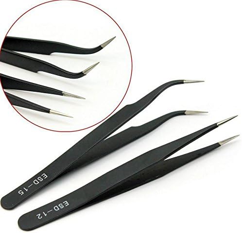 Zhahender 2pcs Nail Art Rhinestones Eyelashes Extension Straight Curved Tweezers Tool (Black)