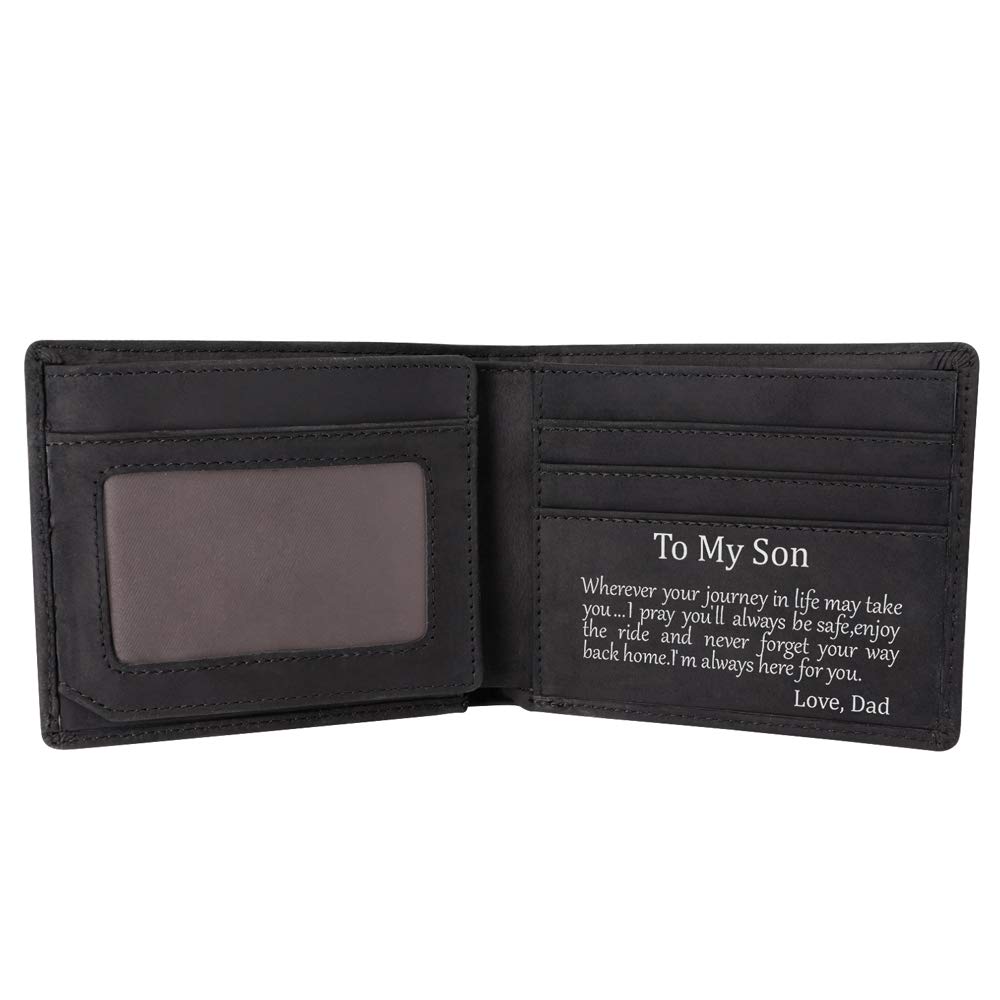 Kenon Personalized Leather Wallet for Son, Engraved RFID Blocking Bifold Stylish Wallet for Son Birthday Christmas Gifts (Black-for Son from Dad)