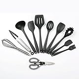 Hotab 11pcs Silicone Heat Resistant Nonstick Kitchen Cooking Utensils Set For Pots And Pans Include Ladle, Tongs, Spaghetti Server, Salad And Flex Spoon, Three Spatulas, Oil Brush, Whisk, Shears