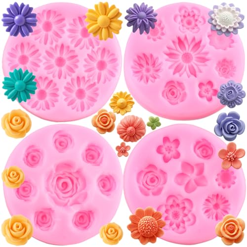 RFGHAC Rose Flower Silicone Moulds Daisy Fondant Mould Flower Orchid Cake Decorating Cupcake Topper Candy Polymer Clay Gum Paste Chocolate Set of 4