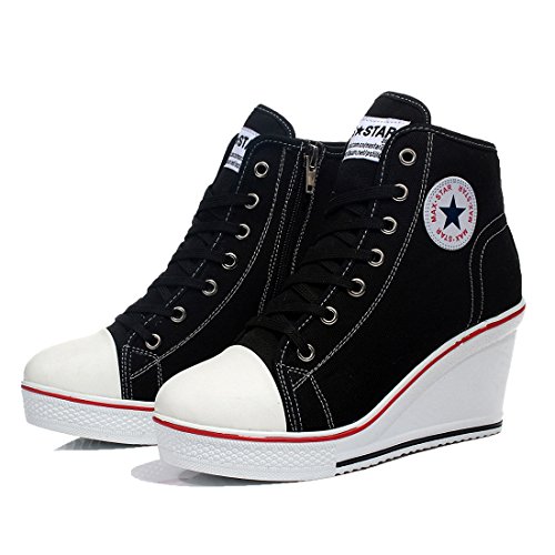mewow Womens Girl's Casual Plus Size High Top Wedge Heel Canvas Shoes Fashion Sneaker (6.5, Black) - Thumbnail 3