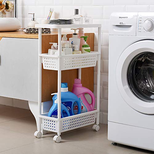 Aogist 3-Tier Slim Storage Cart Utility Storage Tower Mobile Shelving Unit Storage Cart for Kitchen Bathroom Bedroom Office Laundry Room Narrow Places