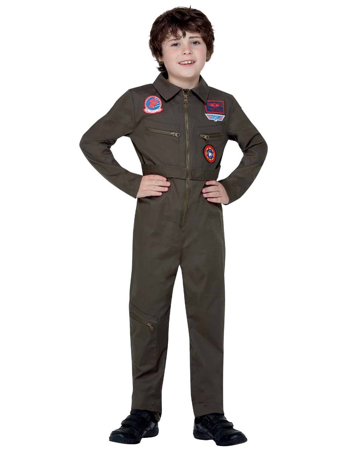 Smiffys Top Gun Costume, Kids Khaki Jumpsuit, Official Top Gun License Outfit with Top Gun Badge Details, Working Zip Up Front & Applique Badges, Official Top Gun Halloween Fancy Dress