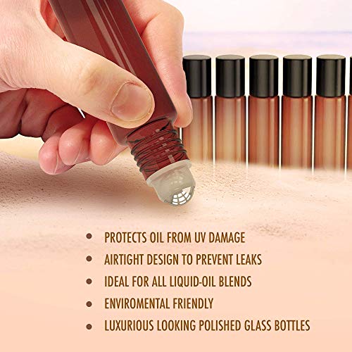 8 Pack - Essential Oil Roller Bottles [Metal Chrome Roller Ball] FREE Plastic Pippette Refillable Glass Color Roll On for Fragrance Essential Oil - 10 ml 1/3 oz (Amber) - Thumbnail 5
