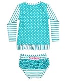 RuffleButts Little Girls Aqua Striped Polka LS Rash Guard Bikini