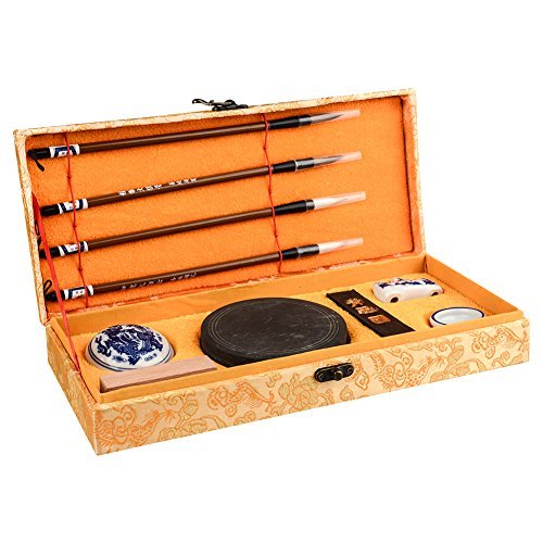 Chinese Calligraphy Brush, Aeola Chinese Brush Painting Gift Set,Chinese Brush Writting or Paintting + Inkstone + Ink Block + Stamp + Ink Paste + Penholder + Water Bowl ( 10 PCS)