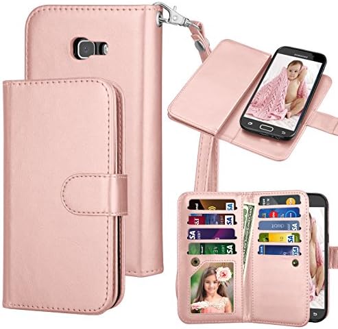 Samsung A5 2017 Case Wallet,Galaxy A5 2017 Flip Case,Eutekcoo [Magnetic Detachable Case] [Cash & 9 Card Slots] + Wrist Strap PU Leather Wallet Folio Case Cover for Samsung Galaxy A5 2017-Rose Gold