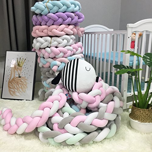 LOAOL Baby Crib Bumper Knotted Braided Plush Nursery Cradle Decor Newborn Gift Pillow Cushion Junior Bed Sleep Bumper (2 Meters, White-Gray-Blue) - Thumbnail 3