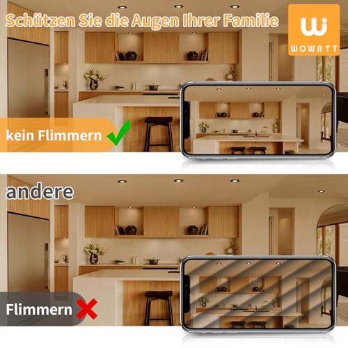 wowatt 10 LED Recessed Spotlights, 230 V, 3 Levels, Dimmable, 7 W LED Spotlights, Black, Flat, IP44 Recessed Lights, 700 lm, Replaces 70 W Halogen Recessed Spotlights, Warm White, 2800 K, Ceiling