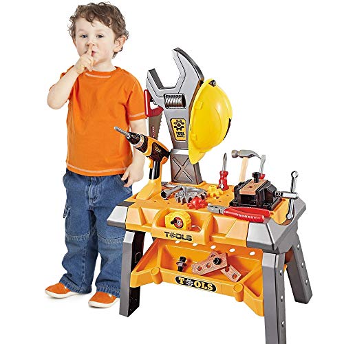 Young Choi's Kids Toy Tool Workbench, 88 Pieces King Size Kids Power Tool Bench Construction Set with Tools Toy Drill and Helmet, Toddlers Toy Tools for Boys (Yellow)
