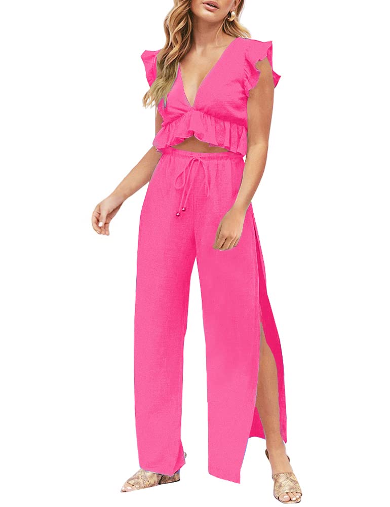Photo 1 of SEE NOTES..........FANCYINN Womens 2 Pieces Outfits Deep V Neck Crop Top Side Slit Drawstring Wide Leg Pants Set Jumpsuits Rose Red M