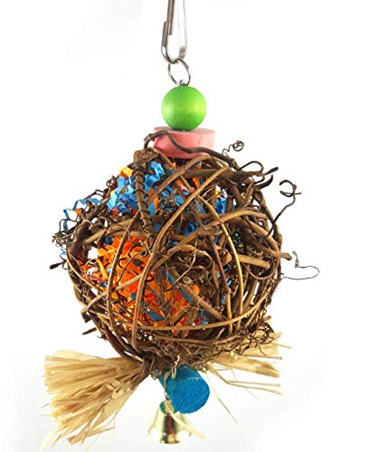 Fdit Bird Chew Toy Natural Rattan Ball Bird Shredders Toys Parrot Foraging Hanging Bell Toy with Paper Strips for Budgie Parakeet Cockatiel Conure