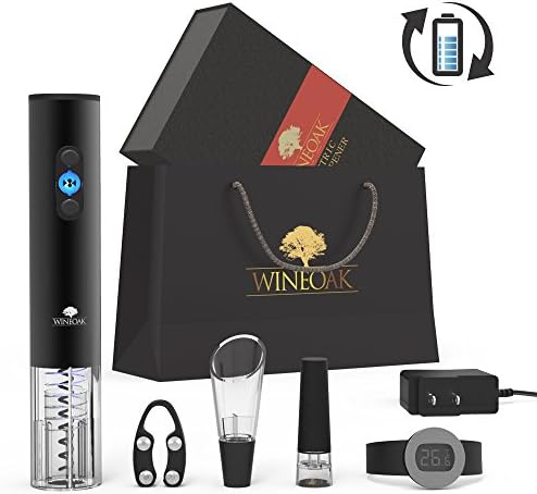 Wine Oak Electric Wine Bottle Opener Set With Foil Cuter, Thermometer, Wine Pourer, Vacuum Stopper &amp; Charger | Elegant, Wireless&amp;Rechargeable Corkscrew | Brilliant Gift Set For Wine Enthusiast (Black)