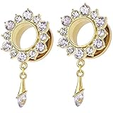 Ear Tunnels Ear Plugs Gauges Gold Plated Stainless Steel Gem Burst Dangle
