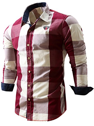 Neleus Men's Long Sleeve Button Down Plaid Shirts,112,Red,XL,Tag 2XL