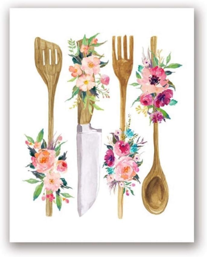 Floral Kitchen Utensil Print Kitchen Wall Art Decor Wooden Utensil Art Canvas Painting Wall Picture Poster Home Decoration-40x50cm No Frame