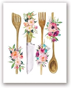 Floral Kitchen Utensil Print Kitchen Wall Art Decor Wooden Utensil Art Canvas Painting Wall Picture Poster Home Decoration-40x50cm No Frame