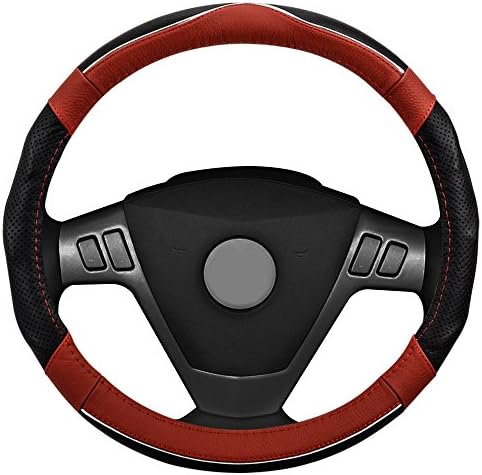 Auto Car Steering Wheel Cover,Genuine Leather Stitching Anti-slip Universal Middle Size 15 Inch (Red+Black)