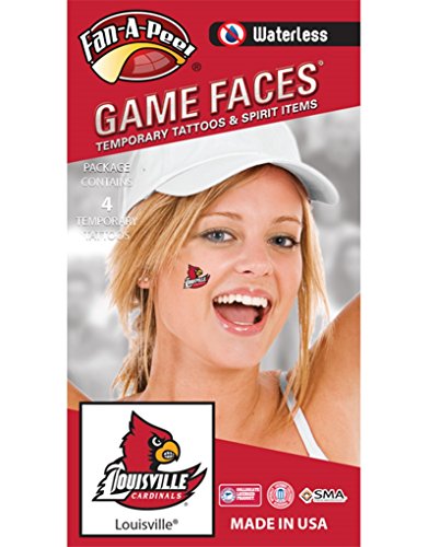 Fan A peel University of Louisville (U of L) Cardinals â€“ Waterless Peel & Stick Temporary Spirit Tattoos â€“ 4-Piece â€“ Red/Black/White Louisville-Louie Logo