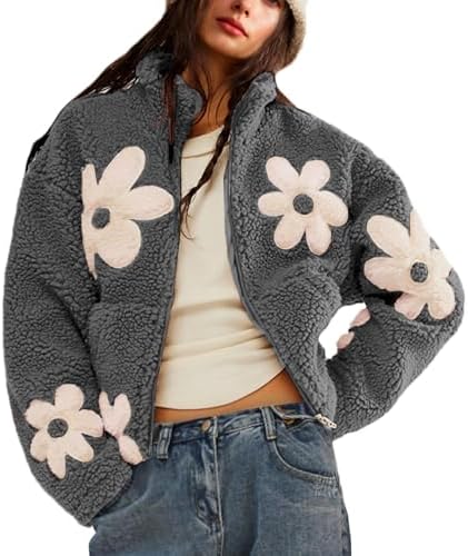 ジャケット・アウター UND TEXTURE ART FLOWER SHAGGY COAT chouyatou Women's Fuzzy Fleece Cute Floral Jacket Zip Up Winter